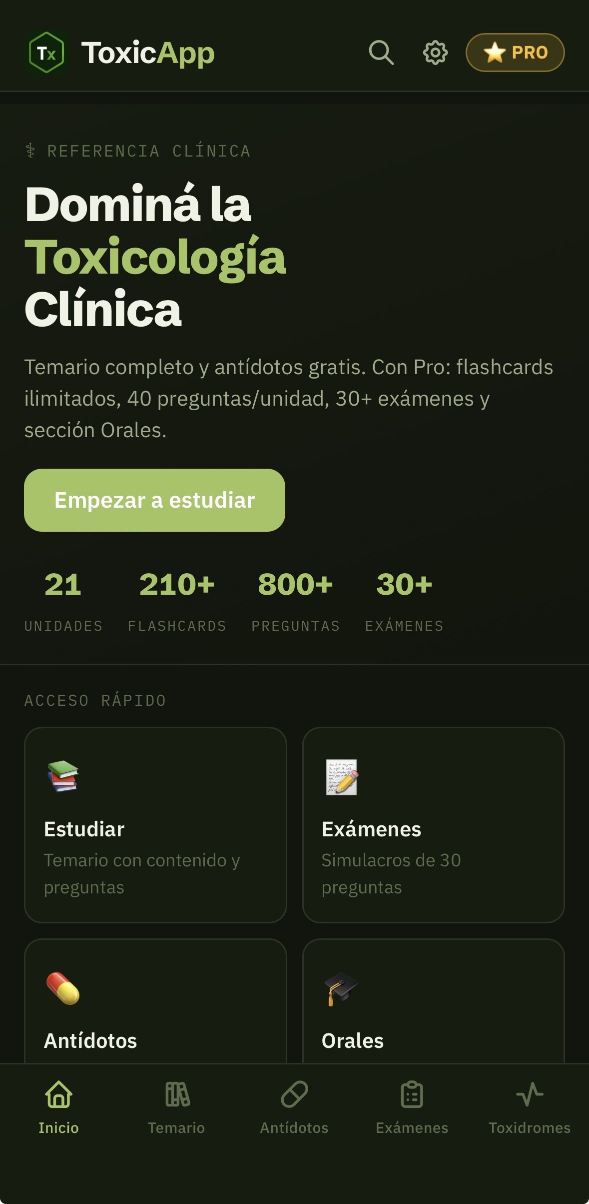 Pantalla de inicio de ToxicApp