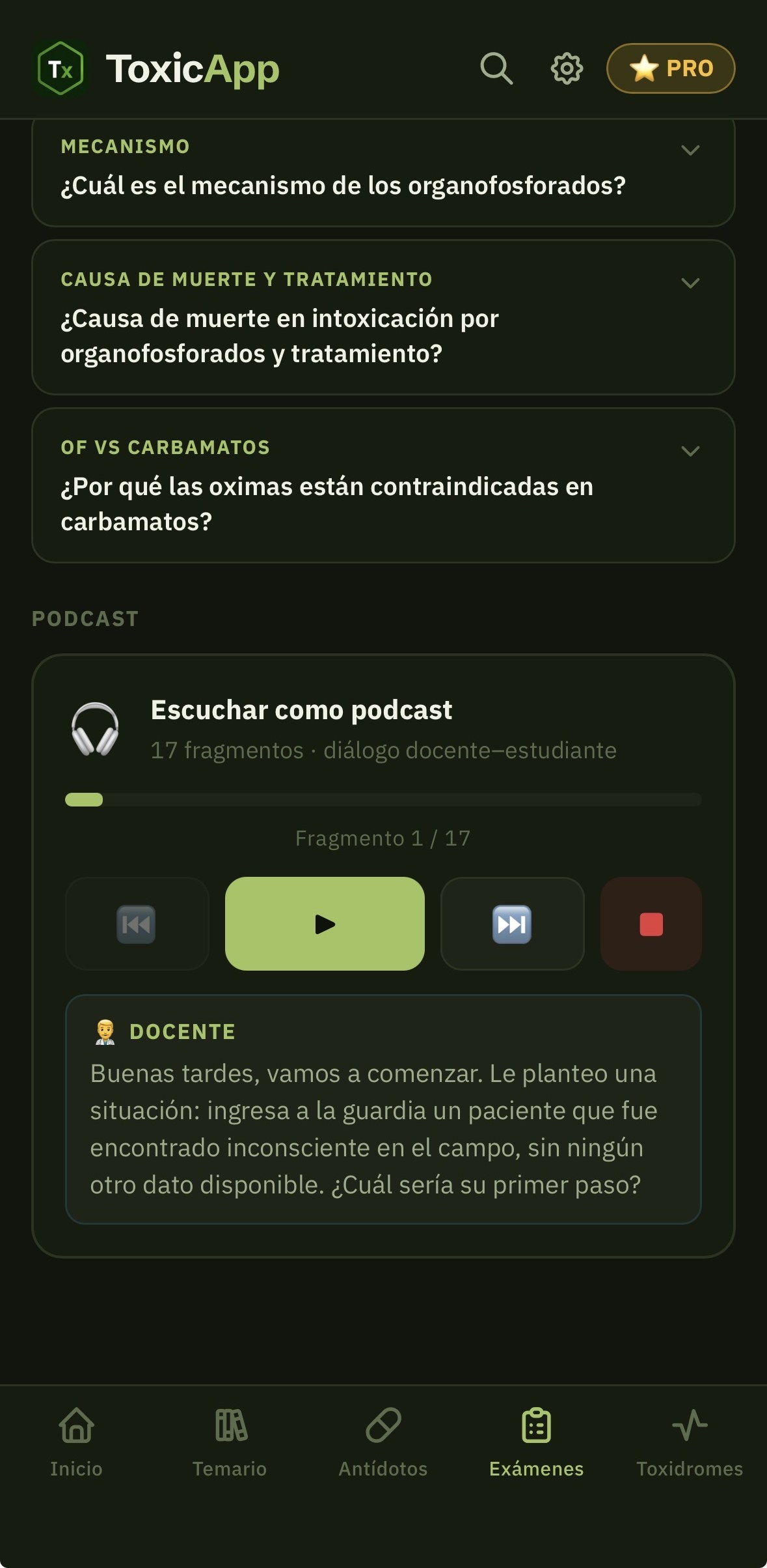 Modo podcast reproduciendo un examen oral